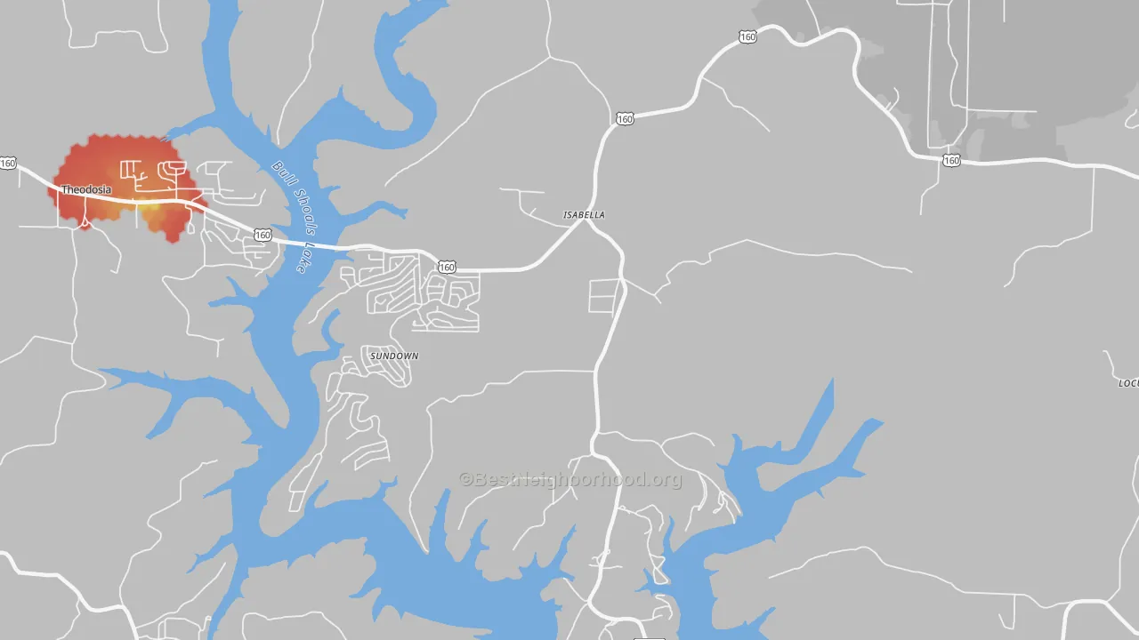 Walk Grade map of 65676, MO, walkable areas in green and car-dependent areas in red