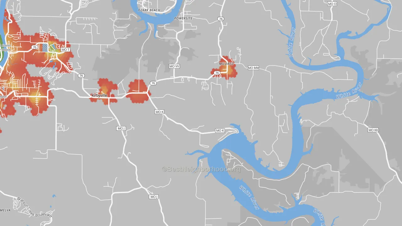 Walk Grade map of 65679, MO, walkable areas in green and car-dependent areas in red