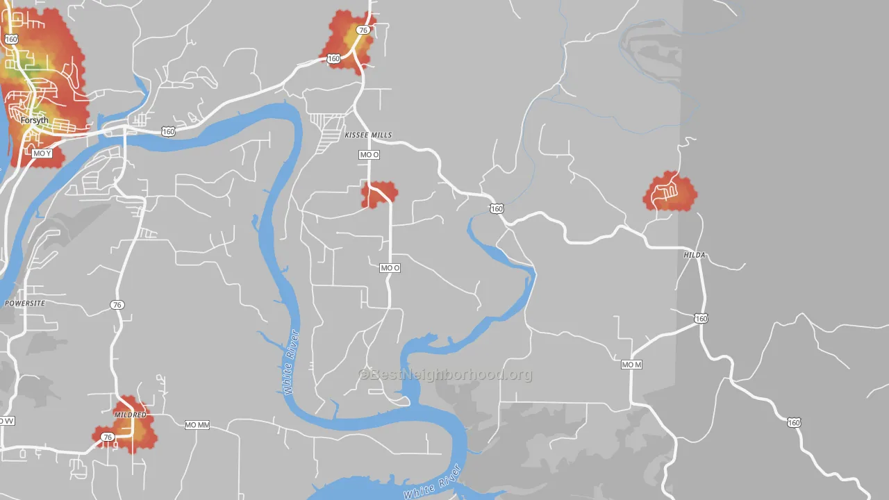 Walk Grade map of 65680, MO, walkable areas in green and car-dependent areas in red