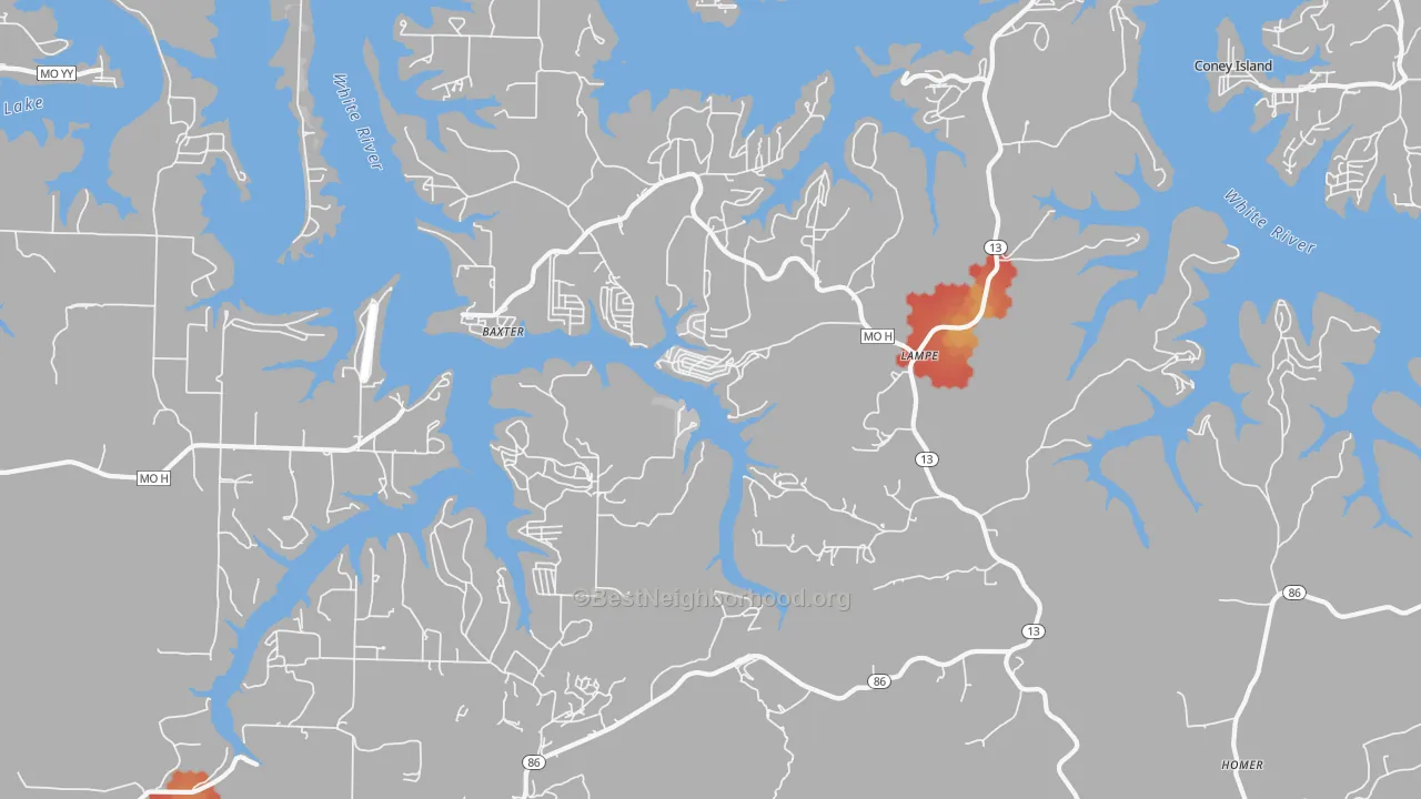 Walk Grade map of 65681, MO, walkable areas in green and car-dependent areas in red