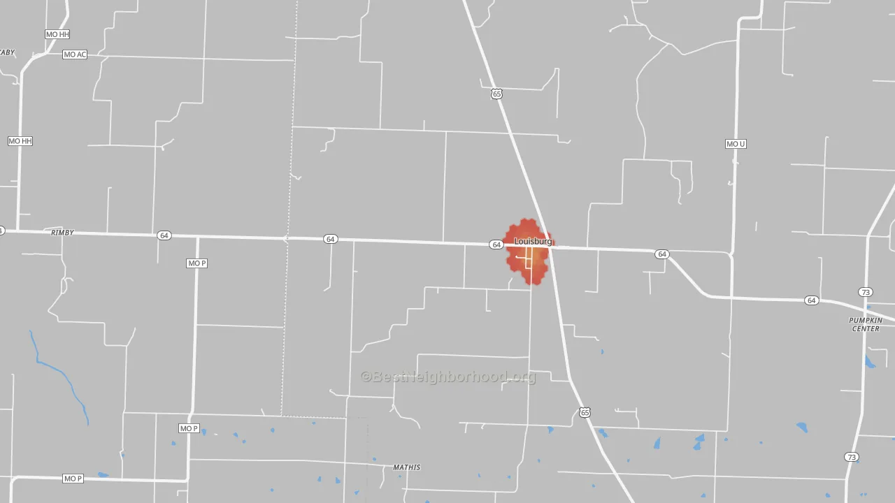 Walk Grade map of 65685, MO, walkable areas in green and car-dependent areas in red