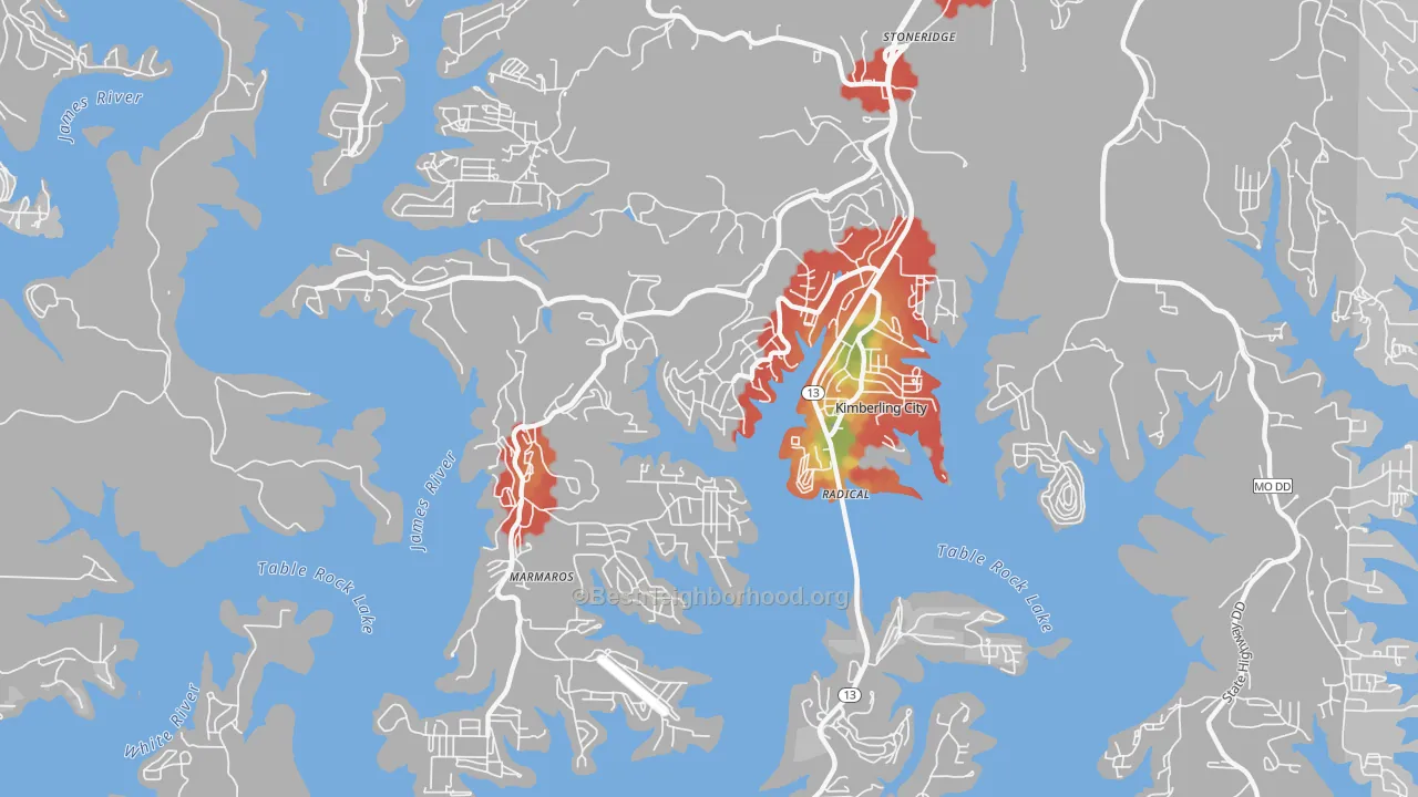 Walk Grade map of 65686, MO, walkable areas in green and car-dependent areas in red