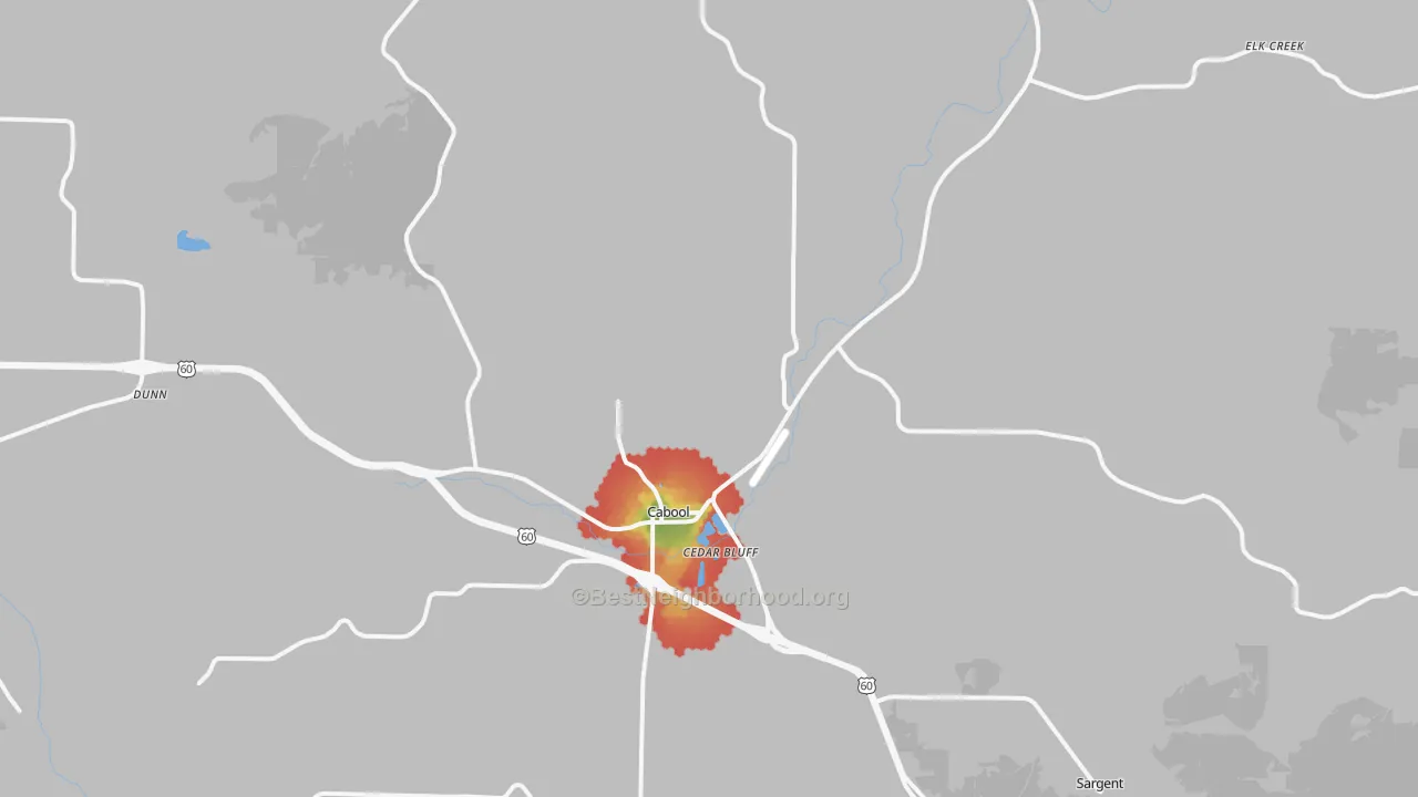 Walk Grade map of 65689, MO, walkable areas in green and car-dependent areas in red