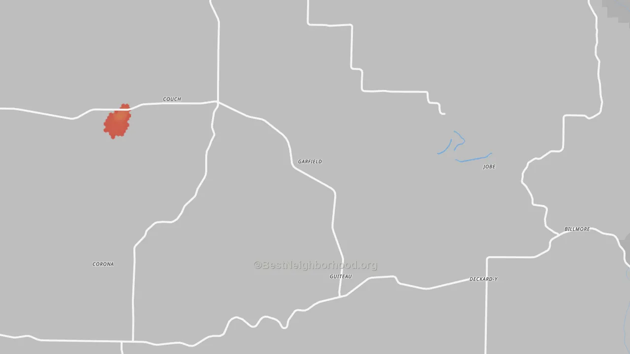 Walk Grade map of 65690, MO, walkable areas in green and car-dependent areas in red