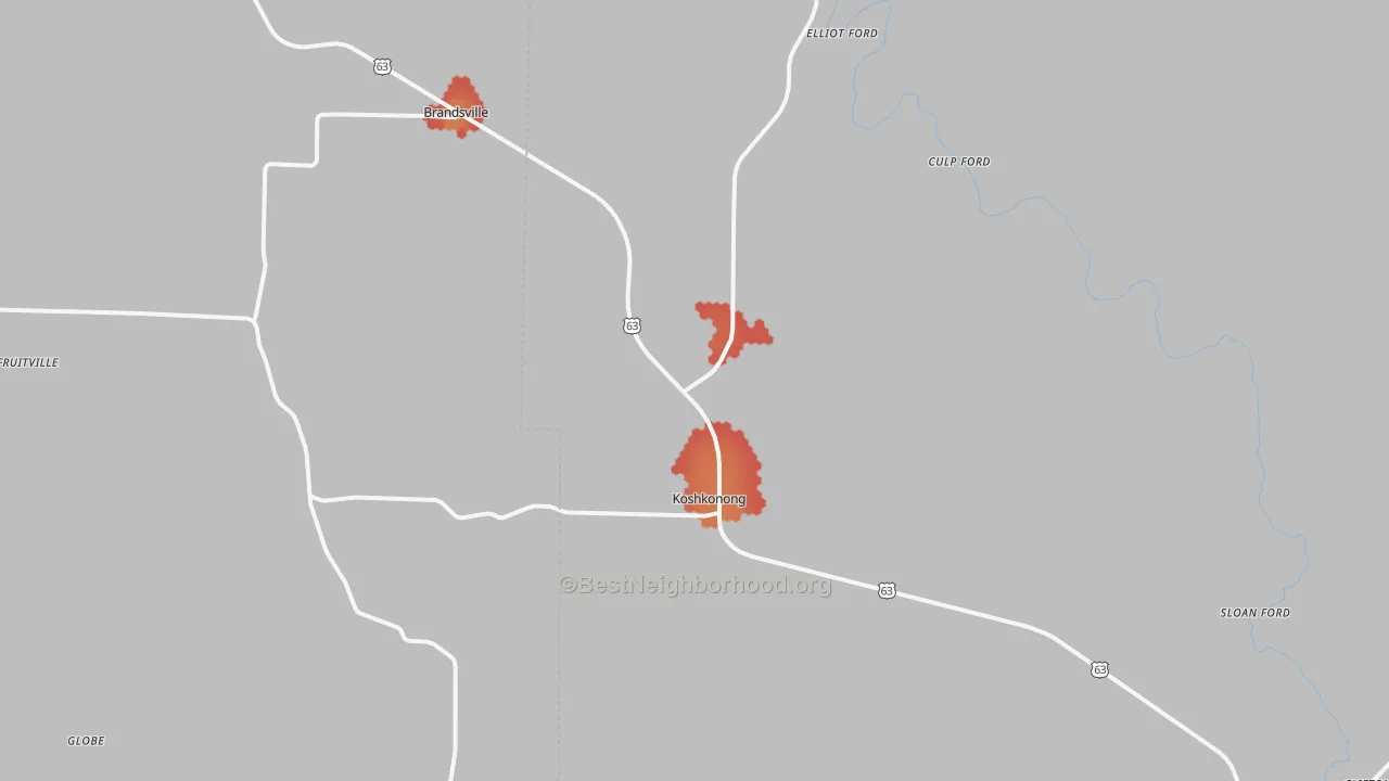 Walk Grade map of 65692, MO, walkable areas in green and car-dependent areas in red