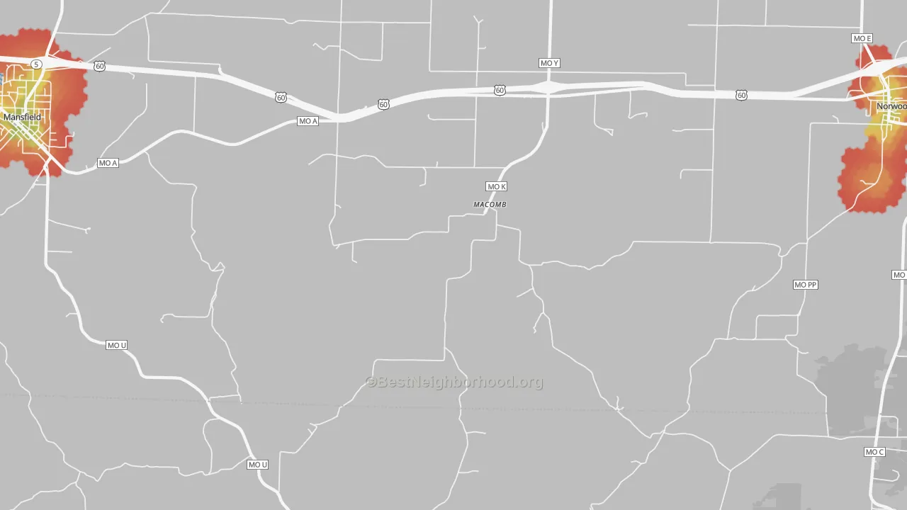 Walk Grade map of 65702, MO, walkable areas in green and car-dependent areas in red