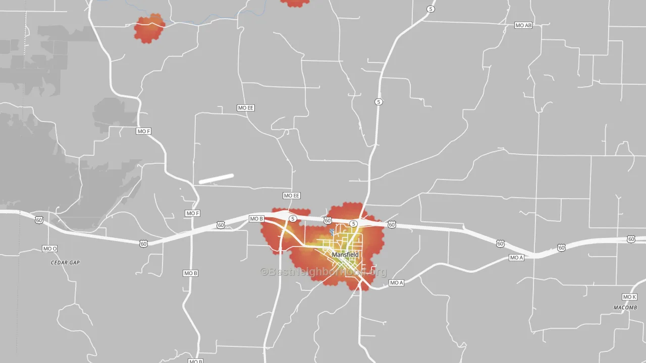 Walk Grade map of 65704, MO, walkable areas in green and car-dependent areas in red