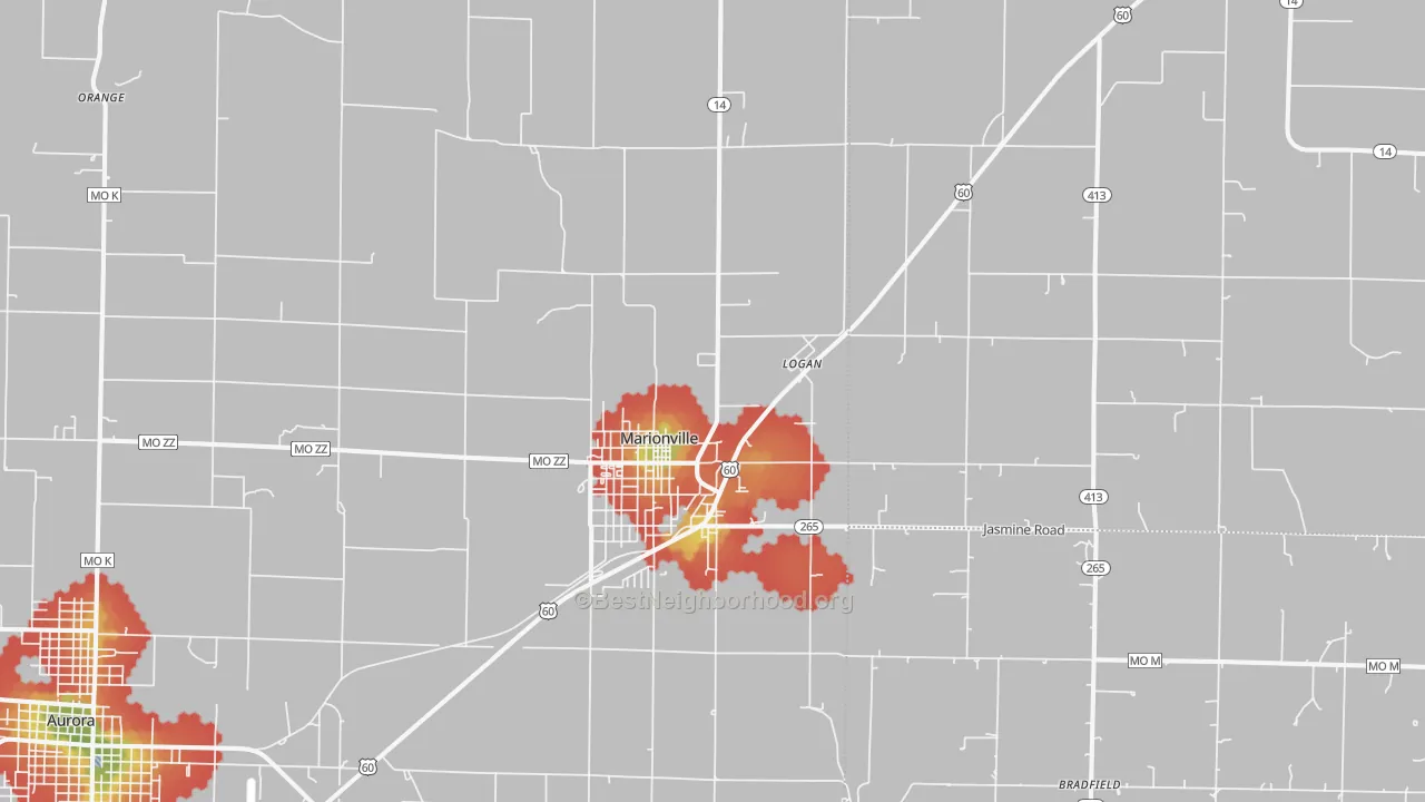 Walk Grade map of 65705, MO, walkable areas in green and car-dependent areas in red