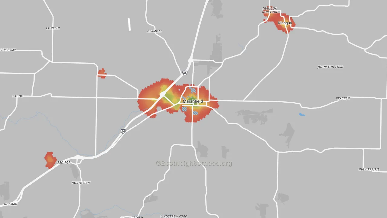 Walk Grade map of 65706, MO, walkable areas in green and car-dependent areas in red
