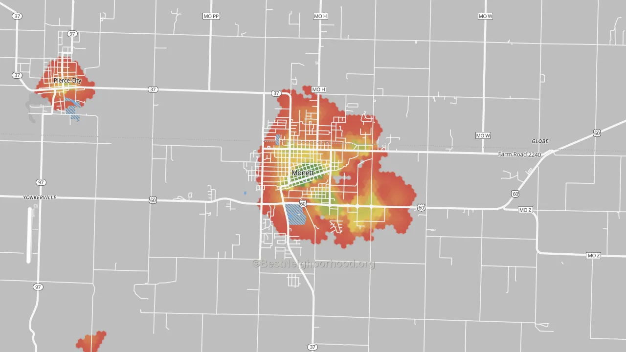 Walk Grade map of 65708, MO, walkable areas in green and car-dependent areas in red