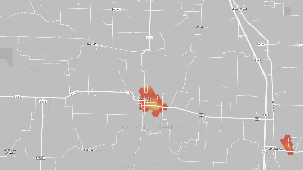 Walk Grade map of 65710, MO, walkable areas in green and car-dependent areas in red