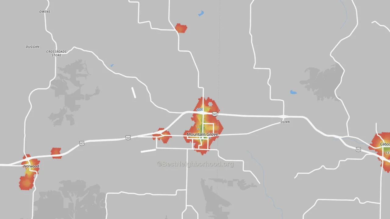 Walk Grade map of 65711, MO, walkable areas in green and car-dependent areas in red
