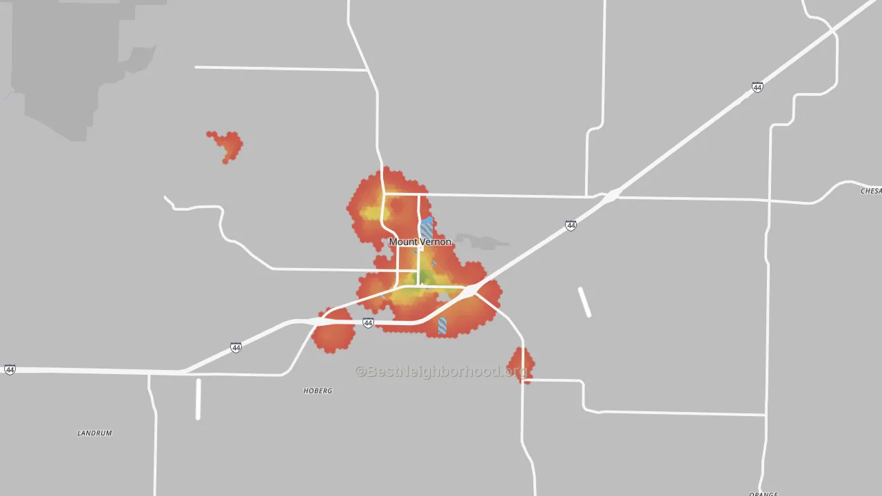 Walk Grade map of 65712, MO, walkable areas in green and car-dependent areas in red