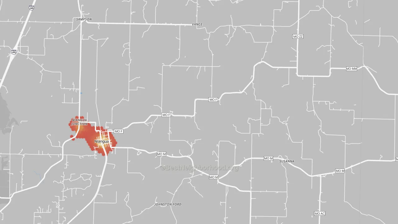 Walk Grade map of 65713, MO, walkable areas in green and car-dependent areas in red