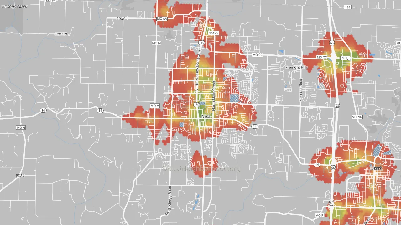 Walk Grade map of 65714, MO, walkable areas in green and car-dependent areas in red