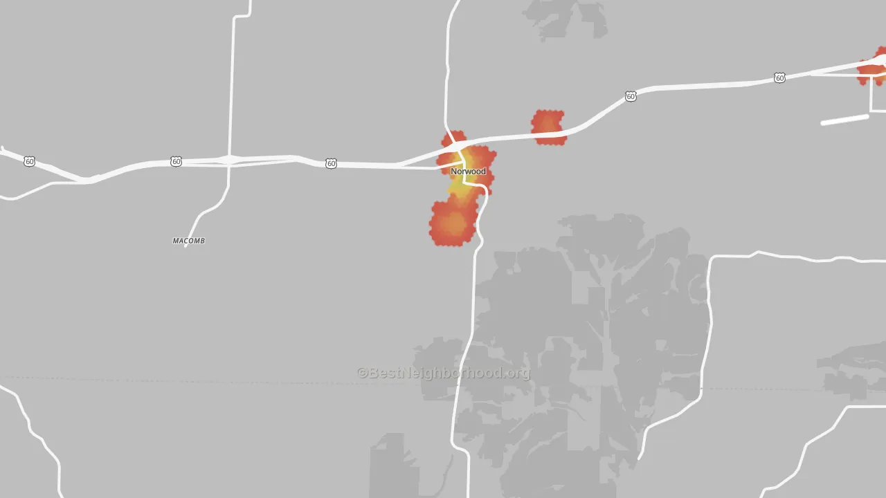 Walk Grade map of 65717, MO, walkable areas in green and car-dependent areas in red