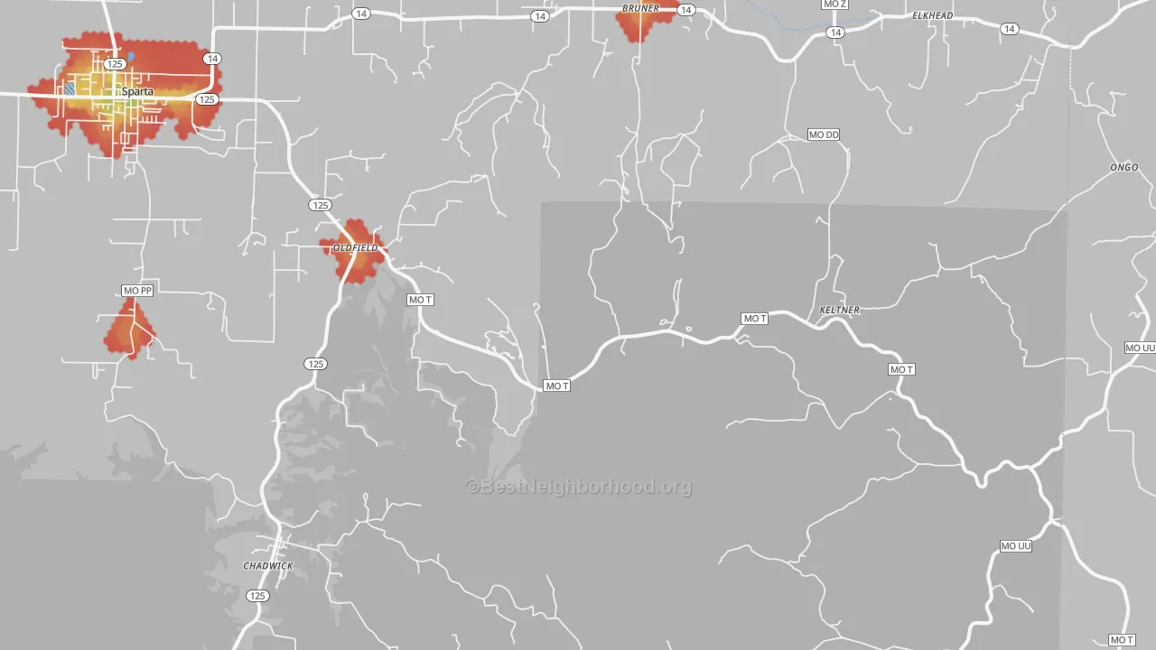 Walk Grade map of 65720, MO, walkable areas in green and car-dependent areas in red