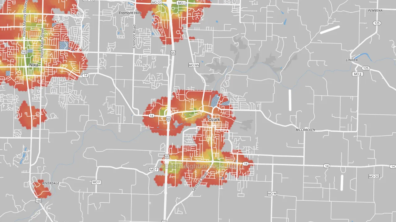 Walk Grade map of 65721, MO, walkable areas in green and car-dependent areas in red