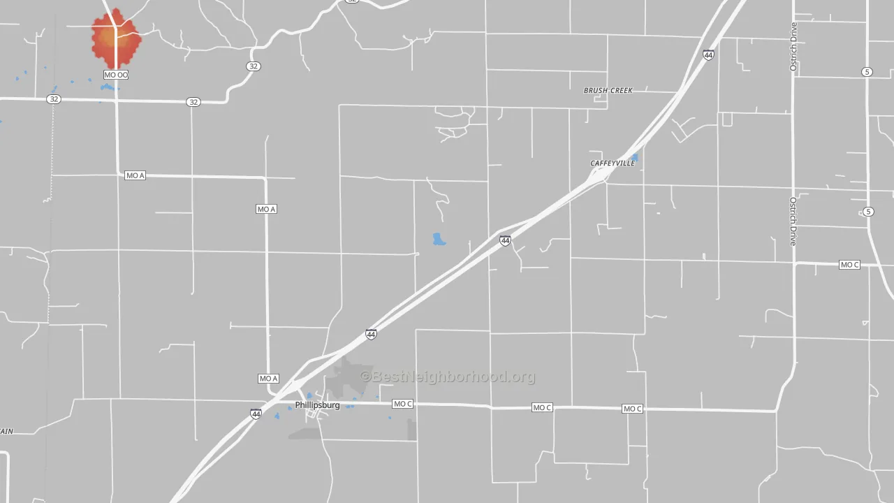 Walk Grade map of 65722, MO, walkable areas in green and car-dependent areas in red