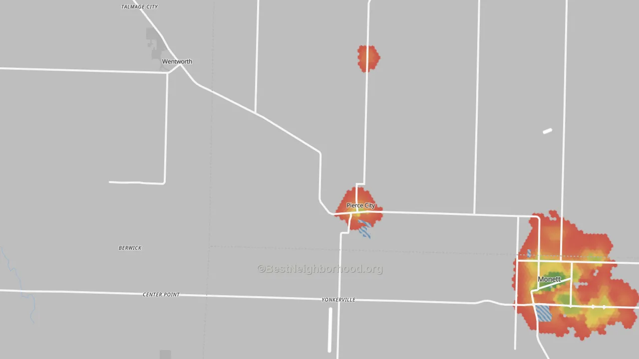Walk Grade map of 65723, MO, walkable areas in green and car-dependent areas in red