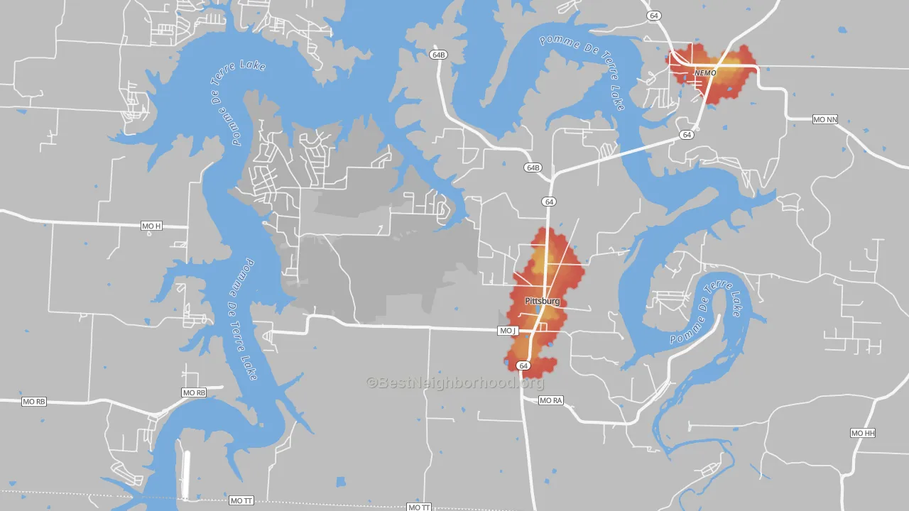 Walk Grade map of 65724, MO, walkable areas in green and car-dependent areas in red