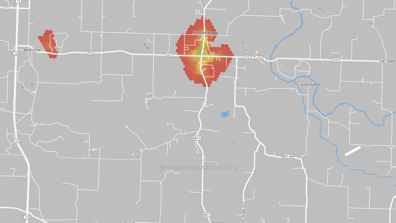 Walk Grade map of 65725, MO, walkable areas in green and car-dependent areas in red