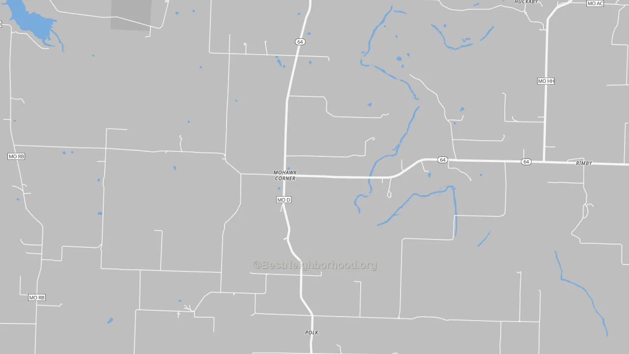 Walk Grade map of 65727, MO, walkable areas in green and car-dependent areas in red