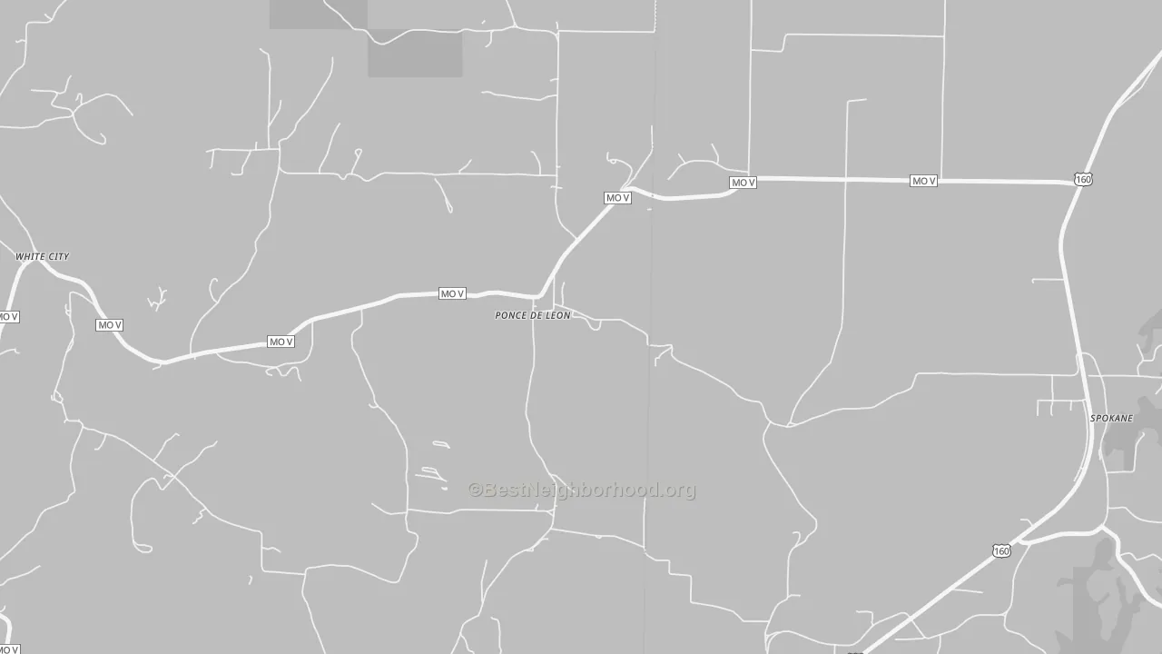 Walk Grade map of 65728, MO, walkable areas in green and car-dependent areas in red