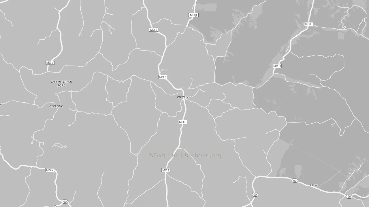 Walk Grade map of 65730, MO, walkable areas in green and car-dependent areas in red