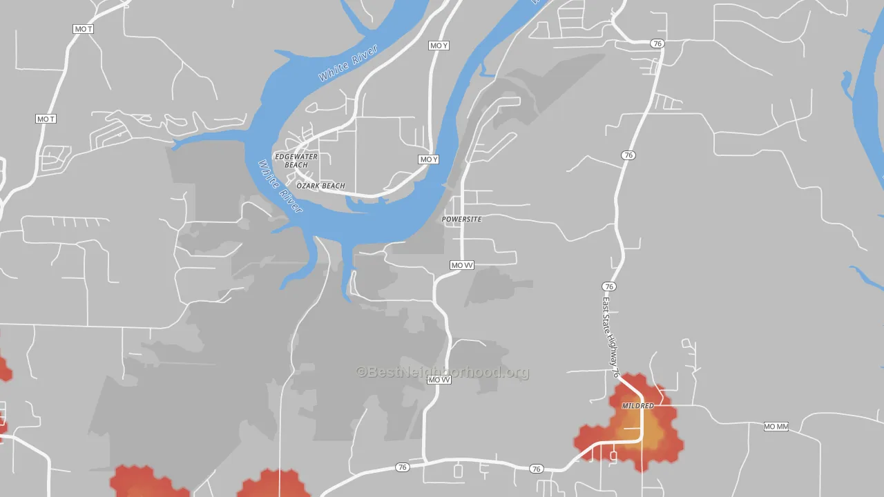Walk Grade map of 65731, MO, walkable areas in green and car-dependent areas in red