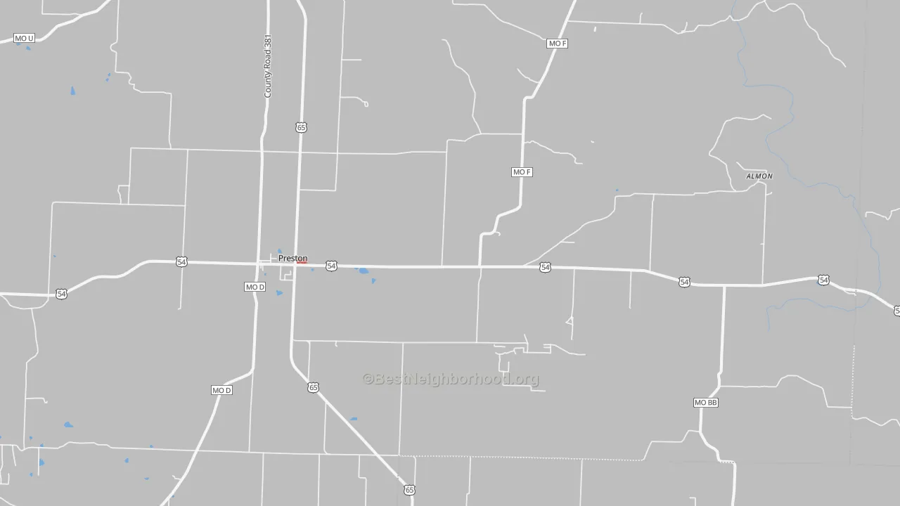 Walk Grade map of 65732, MO, walkable areas in green and car-dependent areas in red