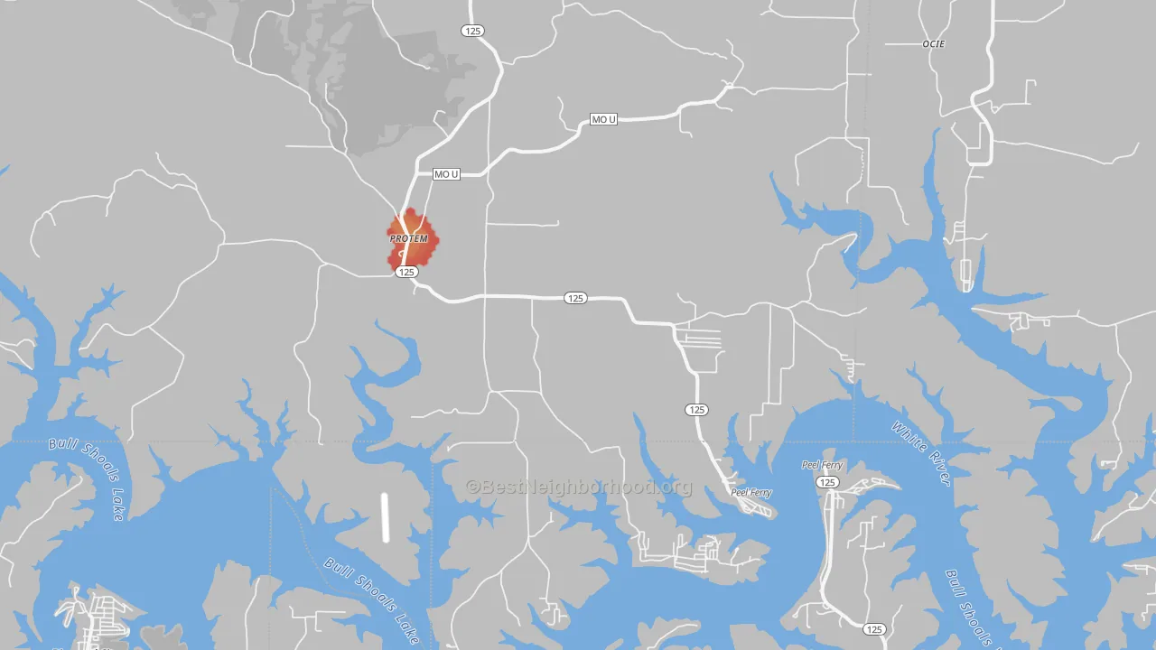 Walk Grade map of 65733, MO, walkable areas in green and car-dependent areas in red
