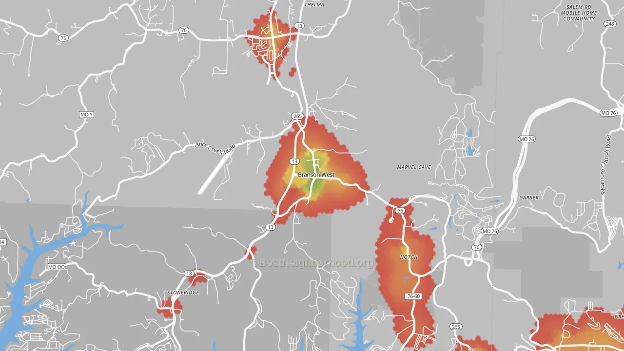 Walk Grade map of 65737, MO, walkable areas in green and car-dependent areas in red