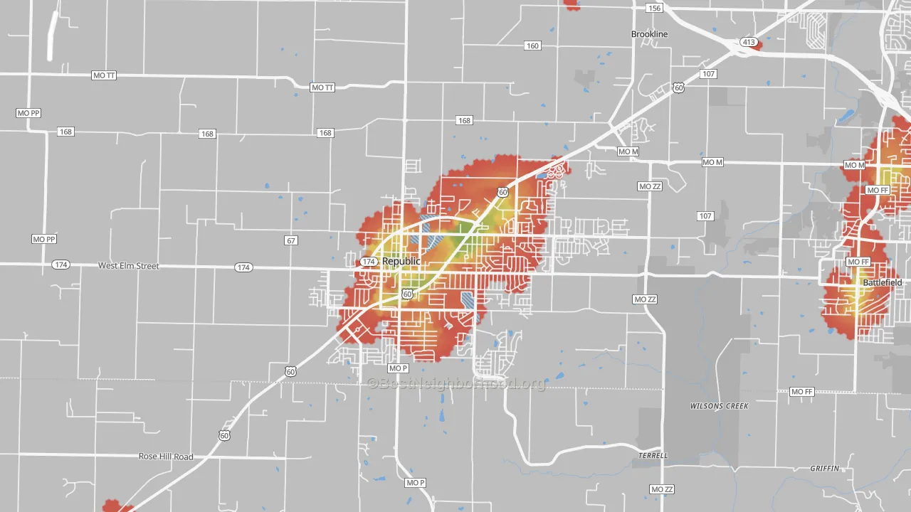 Walk Grade map of 65738, MO, walkable areas in green and car-dependent areas in red