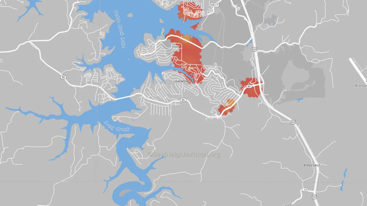 Walk Grade map of 65739, MO, walkable areas in green and car-dependent areas in red