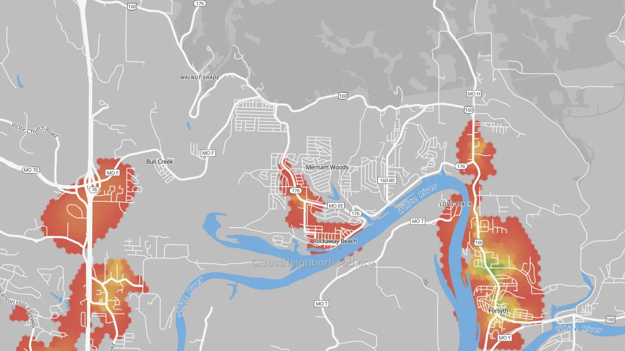 Walk Grade map of 65740, MO, walkable areas in green and car-dependent areas in red