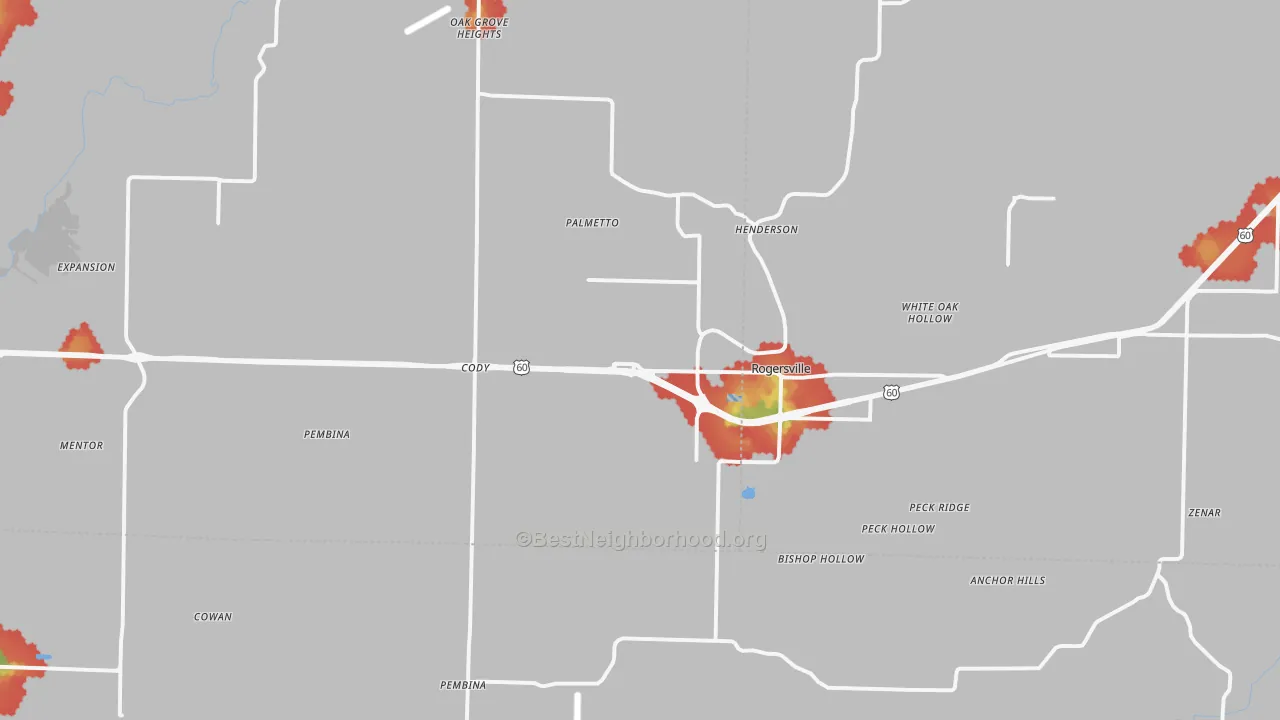 Walk Grade map of 65742, MO, walkable areas in green and car-dependent areas in red