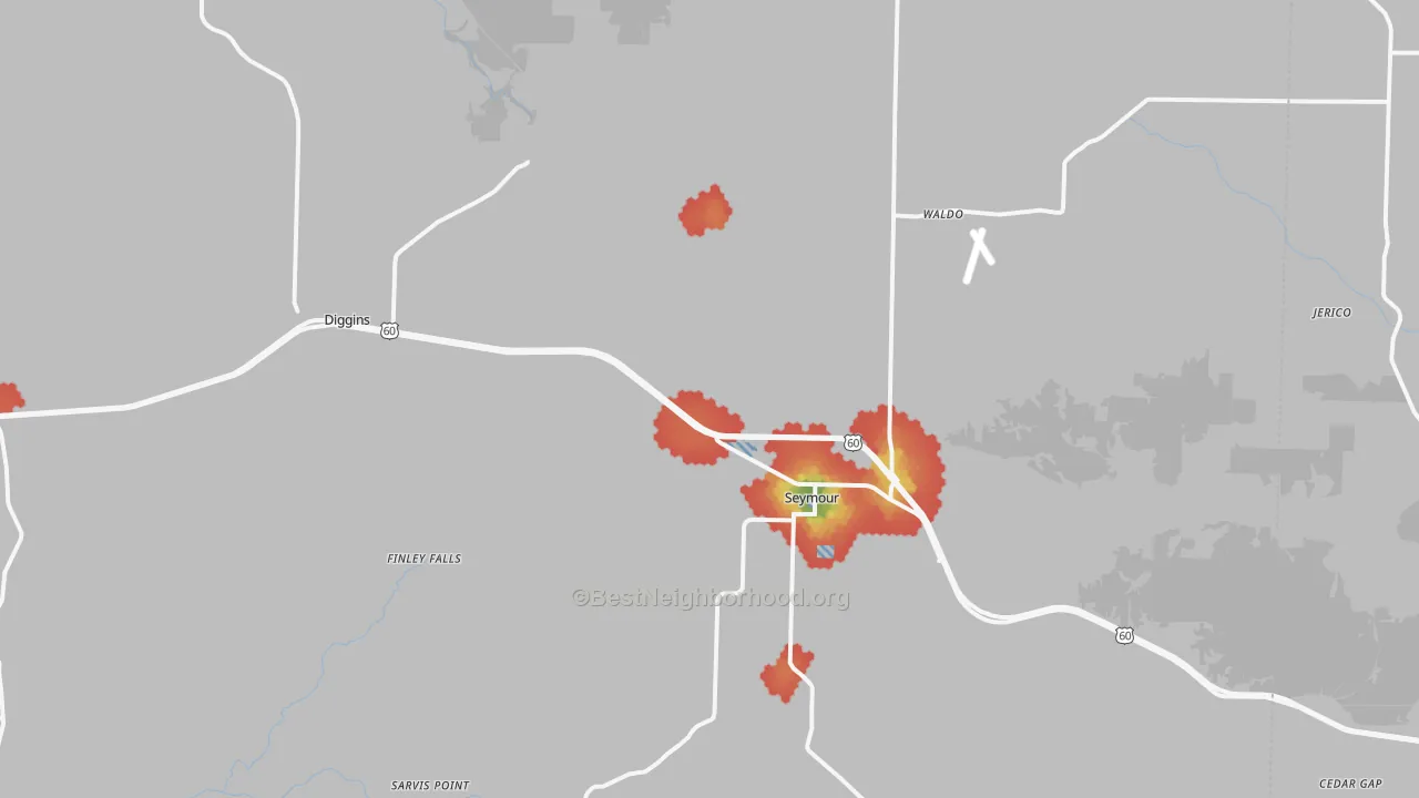 Walk Grade map of 65746, MO, walkable areas in green and car-dependent areas in red