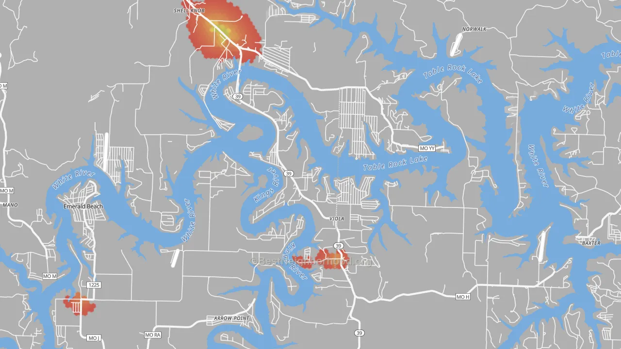 Walk Grade map of 65747, MO, walkable areas in green and car-dependent areas in red