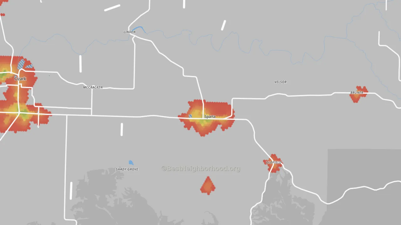 Walk Grade map of 65753, MO, walkable areas in green and car-dependent areas in red