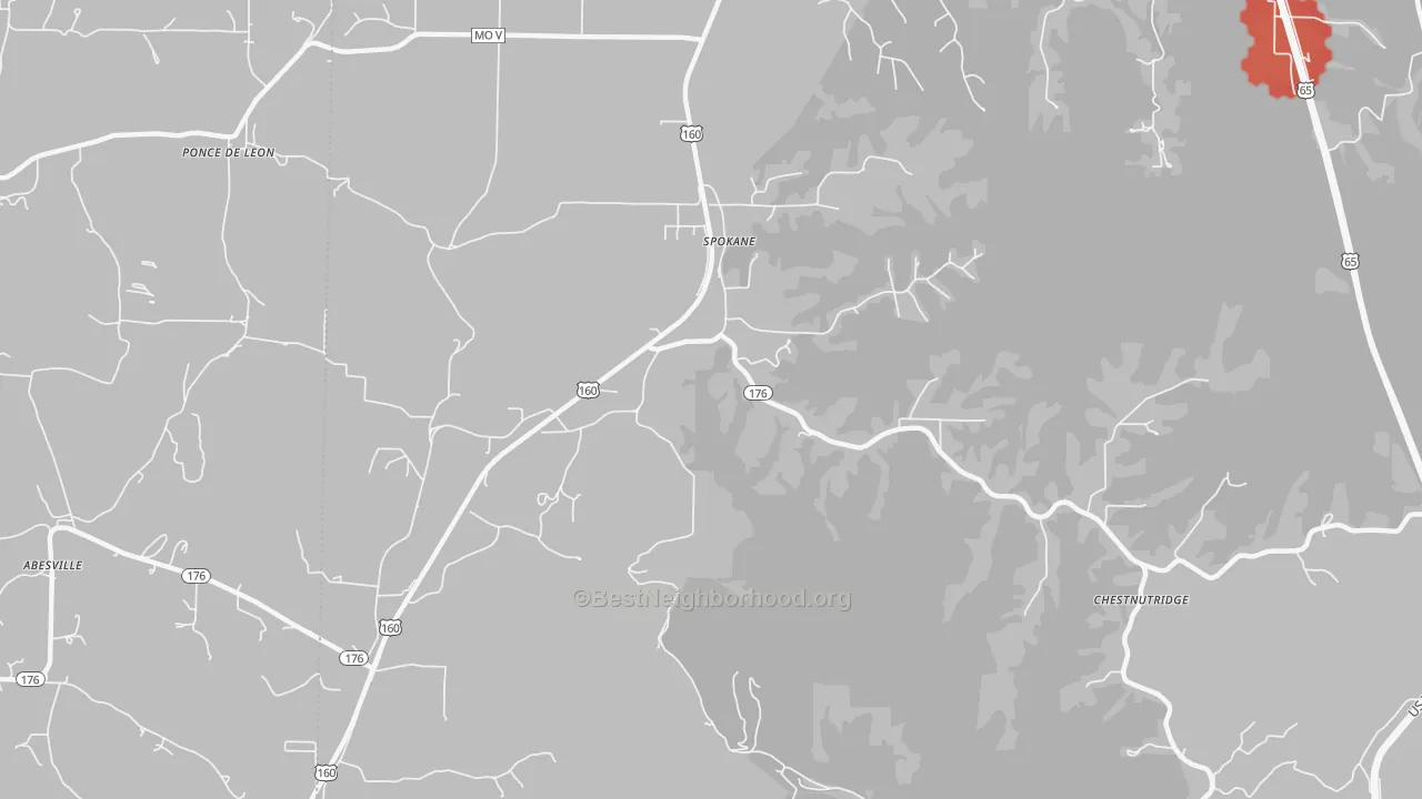 Walk Grade map of 65754, MO, walkable areas in green and car-dependent areas in red