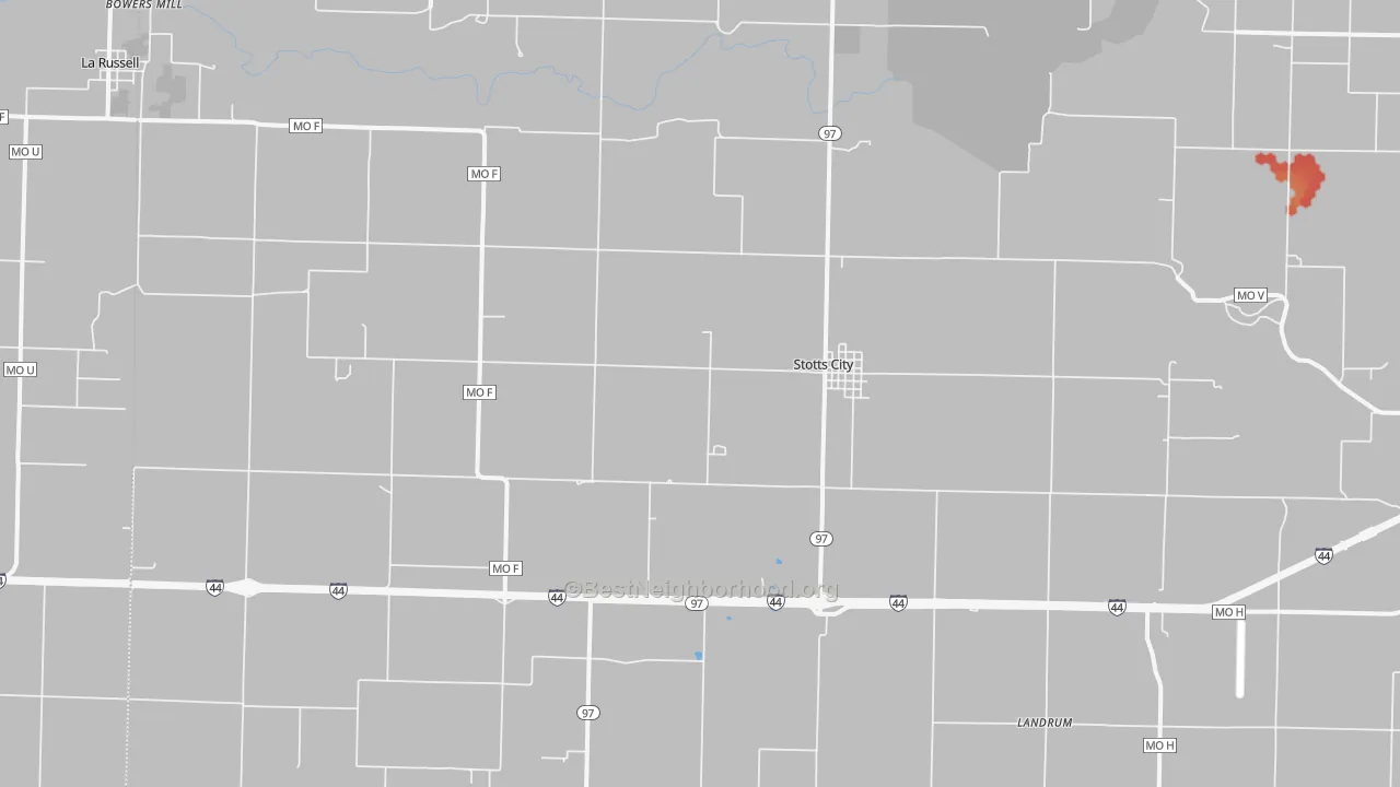 Walk Grade map of 65756, MO, walkable areas in green and car-dependent areas in red