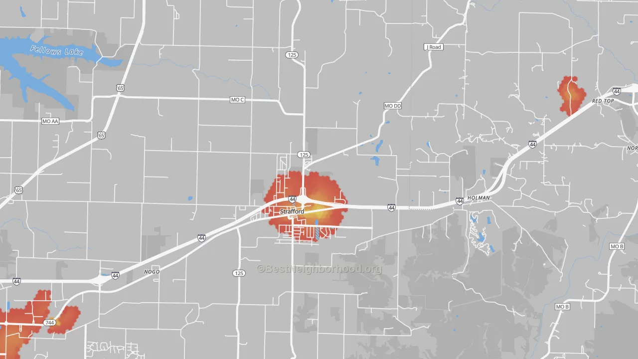Walk Grade map of 65757, MO, walkable areas in green and car-dependent areas in red