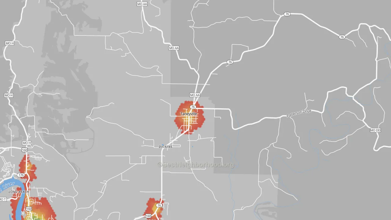 Walk Grade map of 65759, MO, walkable areas in green and car-dependent areas in red