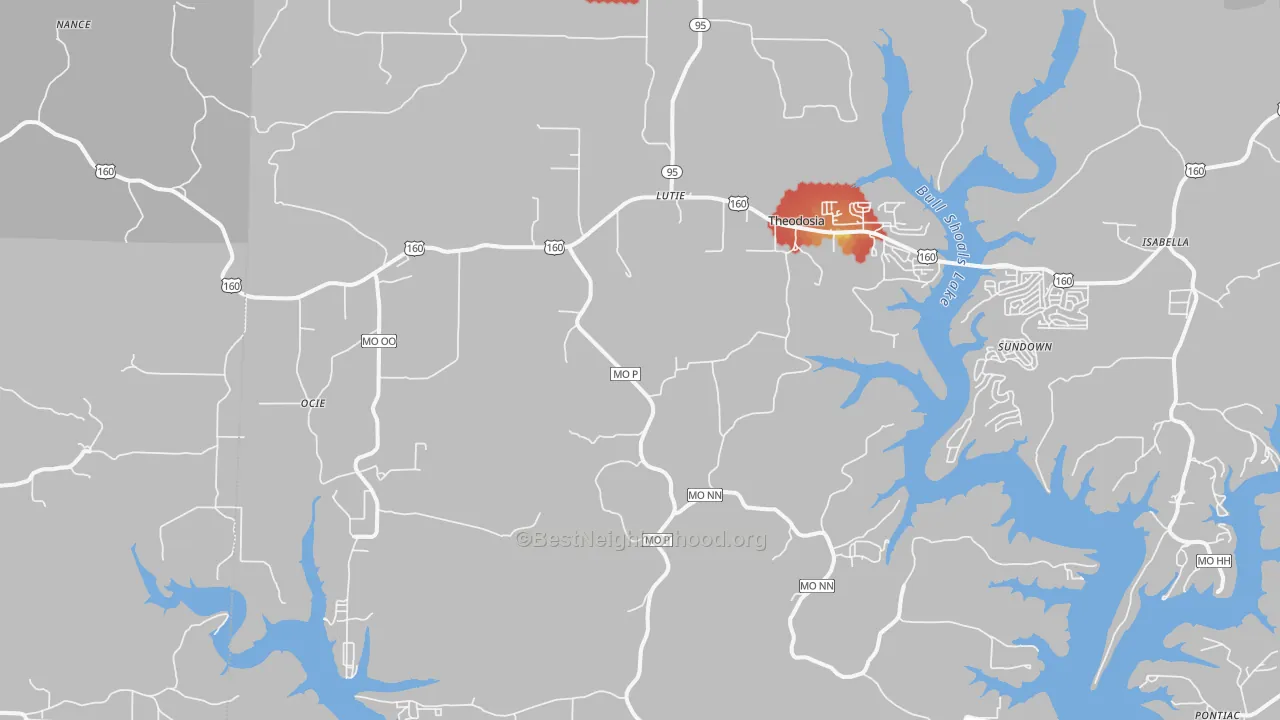 Walk Grade map of 65761, MO, walkable areas in green and car-dependent areas in red