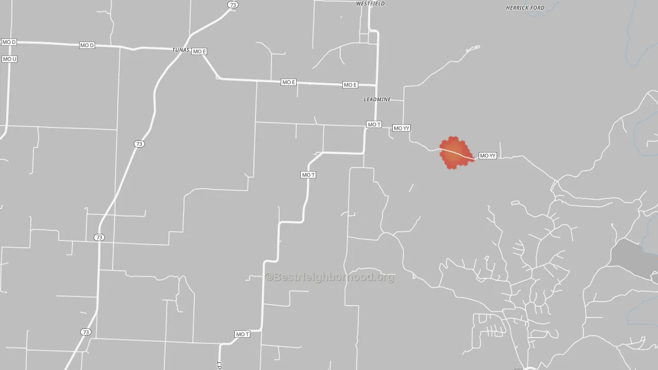 Walk Grade map of 65764, MO, walkable areas in green and car-dependent areas in red