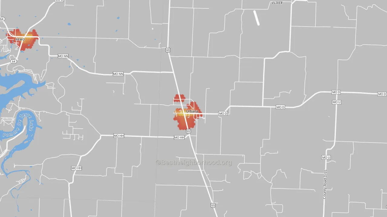 Walk Grade map of 65767, MO, walkable areas in green and car-dependent areas in red