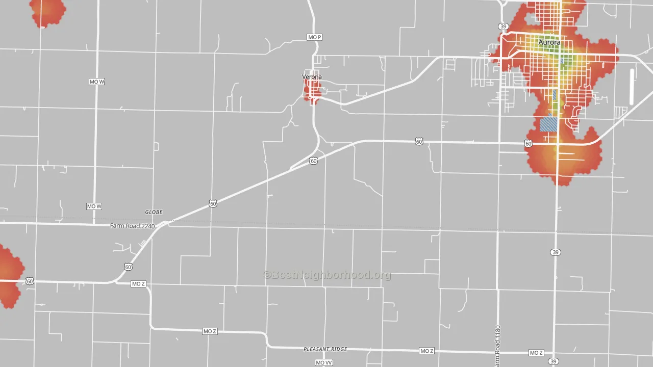 Walk Grade map of 65769, MO, walkable areas in green and car-dependent areas in red