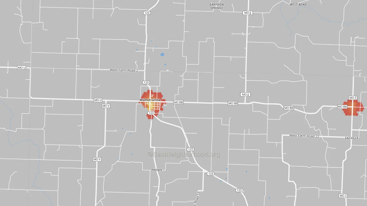 Walk Grade map of 65770, MO, walkable areas in green and car-dependent areas in red