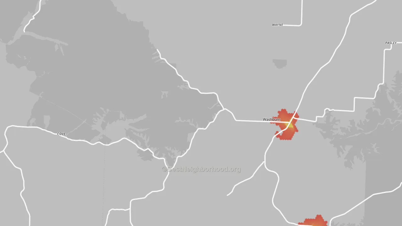 Walk Grade map of 65772, MO, walkable areas in green and car-dependent areas in red